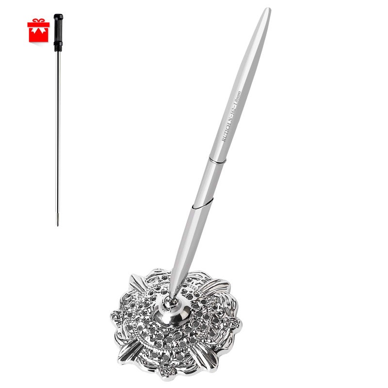 RUTICH Hollow Round Pen Holder Signing Pen Set for Wedding Bridal Engagement Valentine's Day Favors,Silver - Image 1